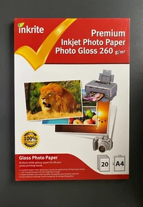Inkrite A4 Premium carta lucida fotografica a getto d'inchiostro - 260 g/m² A4 x 20 fogli (IVA inclusa) - Foto 1 di 1