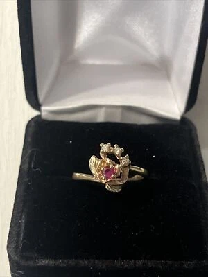 10k Solid Black Hills Gold Diamond Ruby Ring Size 5.75 - Image 1 of 4