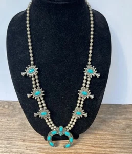 Vintage Squash Blossom Necklace faux turquoise faux silver - Picture 1 of 7