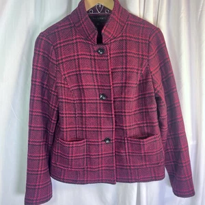 Talbots Jacket Womens Red Black Plaid Wool Blend Blazer Classic Petite 10 EUC - Picture 1 of 13