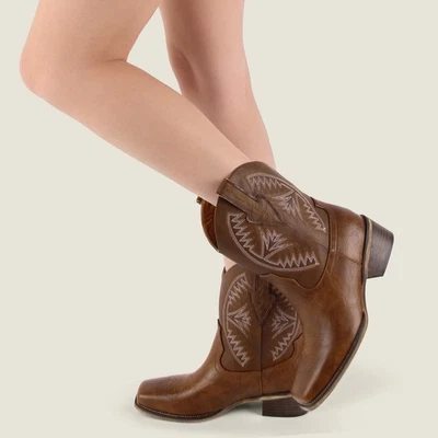 Womens Square Toe Western Embroidered Ankle Booties Cowboy Mid Chunky Heels US12 - Image 1 of 4