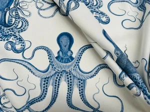Tela Pulpo Azul Marino Impresión Digital Blanco Cojín Náutico Decoración 140cm Ancho - Imagen 1 de 8