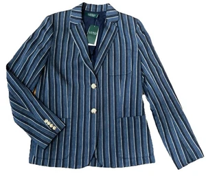 Lauren Ralph Lauren Größe 10 blau gestreift Baumwolle Leinen Anzug Blazer gefüttert Neu mit Etikett $ 65 - Bild 1 von 17