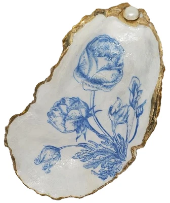Handcrafted Decoupaged Blue Rose -Large Oyster Shell  W/ Gold Accents - Image 1 of 4