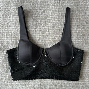 Alice McCall Black Satin Sequin Shirred Underwire Bra Crop Top Size AU 8 - Picture 1 of 7
