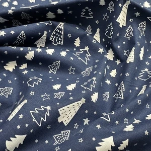 Weiße & silberne Weihnachtsbäume & Sterne auf dunkelblau Bastelstoff Stoff Meterware - Bild 1 von 8