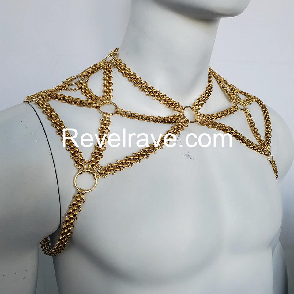 Rave Burning Men Gold Punk Festival Shoulder BodyChain Harness Carnival Outfits - Image 1 of 4