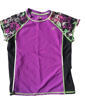 OP Shirt Girls Size L 10/12 Ocean Pacific Short Sleeve  Purple Black Love Design - Image 1 of 4