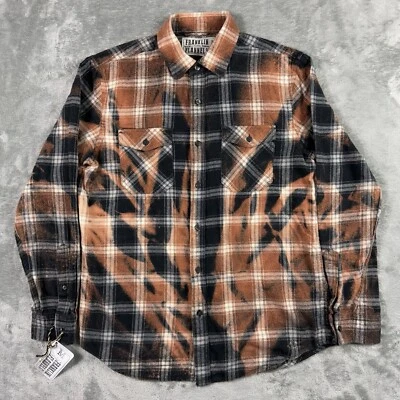 Camisa masculina Franklin Flannels média preta xadrez marrom alvejante manga longa upcycle - Imagem 1 de 4