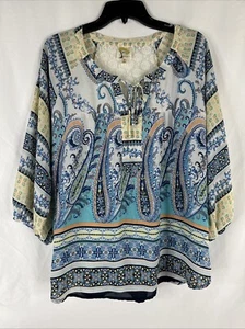 Fig Flower Lace Trim Paisley Top Womens Size L 3/4 Raglan Sleeve BOHO - Picture 1 of 9