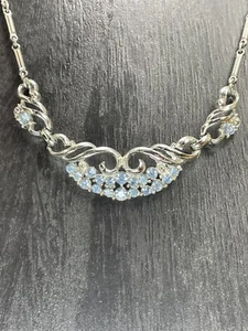 VTG Bar Link Necklace - Blue Rhinestone Choker - 15” - Unmarked Silver Tone - Picture 1 of 4
