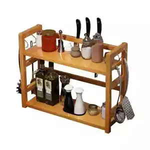 Wooden Seasoning Bottle Storage Rack with Hooks 2-Tier Kitchen Shelf Countertop - Picture 1 of 6