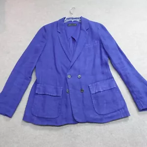 Zara Womens Blazer Large Blue Solid 100% Linen Double Breasted Unstructured - Picture 1 of 9