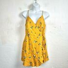 DOTTI Womens Jumpsuit Size 8 Yellow Floral Linen Blend Sleeveless Wrap Tie Front