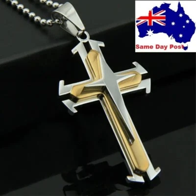 Men's Silver Gold Blue Plated Pendant Necklace Cross Christ Crucifix Chain - image 1 of 4