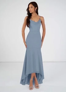 Azazie Mermaid Boatneck Chiffon Asymmetrical Dress Dusty Blue Blue Size A6 - Picture 1 of 8