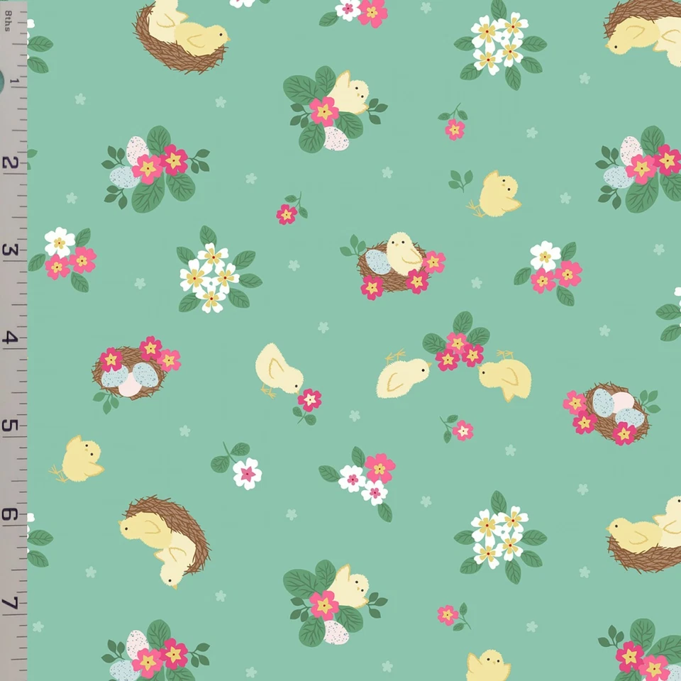 Chicks on Green Cotton Fabric Lewis & Irene Chick Eggs Nest Floral Easter - Image 1 of 1