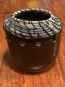 Unique Pottery With Wicker Top. Signed SOZ. 6” Tall - Picture 1 of 5