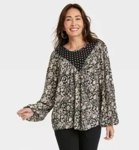 Blusa Top Knox Rose Para Mujer Manga Larga Bishop Floral Negra Nueva Talla Mediana - Imagen 1 de 15