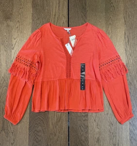 Lucky Brand Cutout Illusion Bauernbluse Damen M orange Schlitz Ausschnitt Quasten - Bild 1 von 15