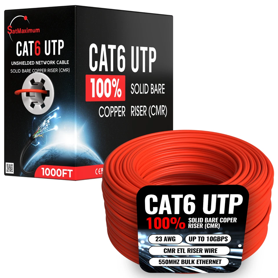 1000ft CAT6 CMR ETL Riser Ethernet Cable 23AWG Solid Bare Copper Wire Red - Image 1 of 4