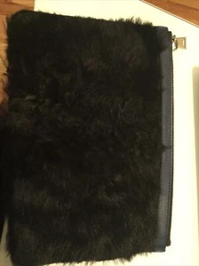 Proenza Schouler Black Shearling Fur and NavyLeather Flat Clutch Pouch Bag Zip - Picture 1 of 9