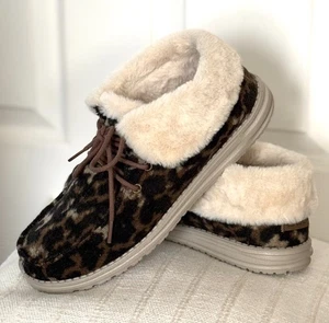 HEY DUDE Britt Womens Black Brown Leopard Print Faux Fur Lined Shoes Sz 9 - Picture 1 of 13
