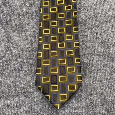 Bruno Piattelli 白金领带 100% 真丝美国制造金色蓝色黄色几何图案 — 第 1/4 张图片