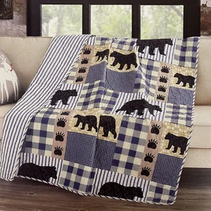 Virah Bella Blue & Yellow Bear Lodge Plaid Quilted Throw Blanket - 50" x 60" - Picture 1 of 3