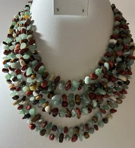 Vtg Multi strand(8)Natural Jade,Tigers Eye,& Jasper Chip Bead Necklace Hand Knot - Picture 1 of 12