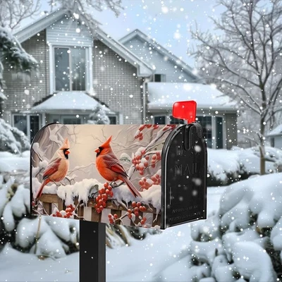 Winter Cardinal Red Birds Magnetic Mailbox Cover Standard Size 18"x21" - Image 1 of 4