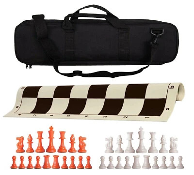 Black Deluxe Weighted Chess Set - Vinyl Board, Bag w/ Orange & White Pieces - Image 1 of 4