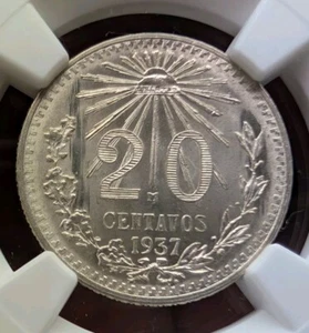 1937 MS66 Mexico Silver 20 Centavos UNC KM 438 NGC White Luster! - Picture 1 of 4