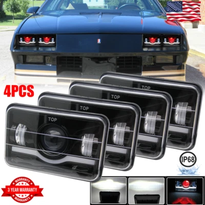 4PCS For 1982-1992 Chevrolet Camaro Z28 4x6" LED Headlights Red DRL Hi-Lo Beam - Image 1 of 4