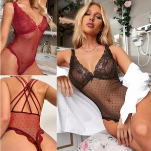 Womens Dot Mesh Mini Bodysuit One Piece Sexy Underwear Teddy Lingerie Sleepwear - Picture 1 of 22