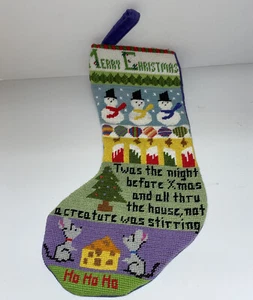 Vtg Handmade Needlepoint Christmas Stocking Snow Men Candles Mice & Cheese 15” - Picture 1 of 9