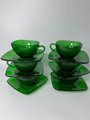 6 tazas y platillos de vidrio de colección Anchor Hocking "Charm" VERDE BOSQUE Foto 1 de 4