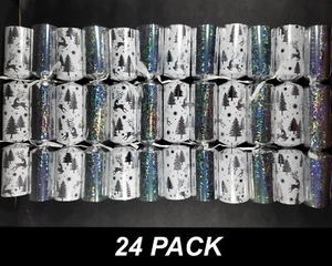 24 x Christmas Crackers Bon Bons 30cm Silver & White with Hat, Joke & Novelty - Picture 1 of 4