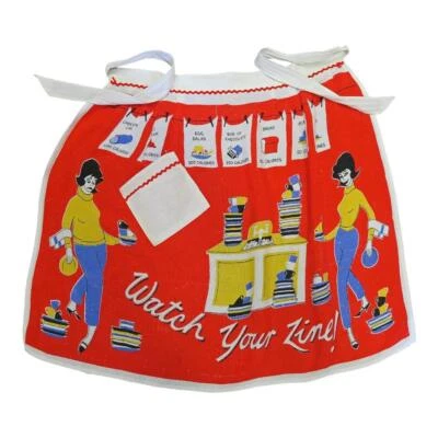 VINTAGE 1950 RETRO KITCHEN APRON VIBRANT RED KITCH NOVELTY PRINT WAIST TIE PINNY - Image 1 of 4