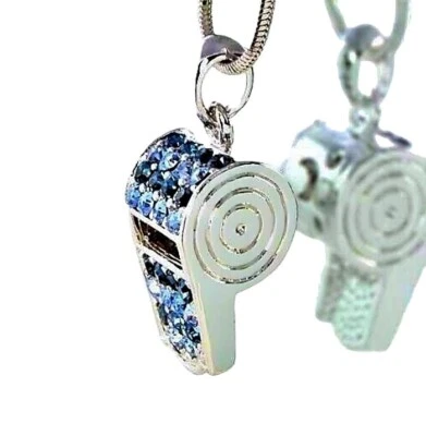 Silbato Hecho Con Cristal Swarovski Entrenador Árbitro Collar Azul Cadena 18" Foto 1 de 4