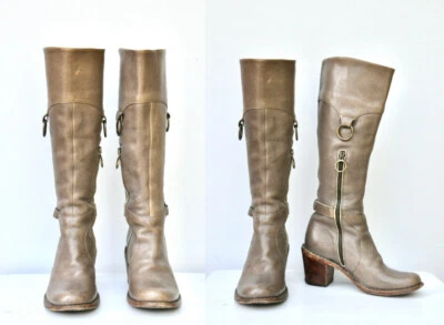 FIORENTINI BAKER Bota Alta Cinturón Tacones Apilados Marrón Claro Gris Talla 36 EE. UU. 6 Foto 1 de 4