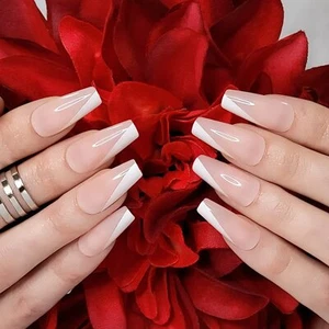 Natural Nude White French Press On Nails Extra Long Coffin Ballerina Fake Nails - Picture 1 of 5