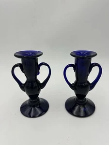 Vintage Pair Of Cobalt Blue Urn Candle Holders/Vases Hand Blown - Picture 1 of 9