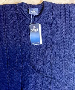 NEW ARAN Fisherman Irish Men’s Merino Wool Sweater Cable Knit Navy Blue Large L - Picture 1 of 9
