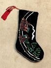 Vintage Hand Made Black Christmas Stocking - Santa With Red Cart Sequin