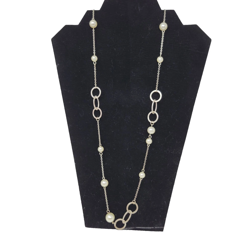 Collar GEORGE tono plata eslabón imitación perlas, anillos y cadenas 35 pulgadas Foto 1 de 4