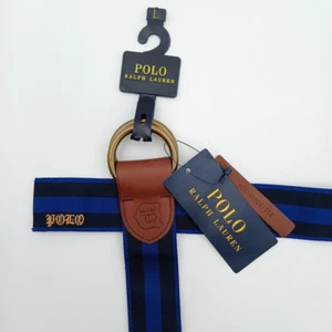 New Polo Ralph Lauren Mens Belt L Black Blue Stripe Nylon Script Logo Loop 47.5" - Picture 1 of 10