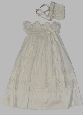 White Satin Lace Baby Christening Baptism Gown & Bonnet 0-6 Month Made in USA - Image 1 of 4