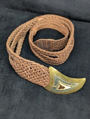 De Colección Chico’s Cinturón Trenzado Ancho Cuero Marrón Hebilla Latón Cuerno Marruecos Talla M/L Foto 1 de 4