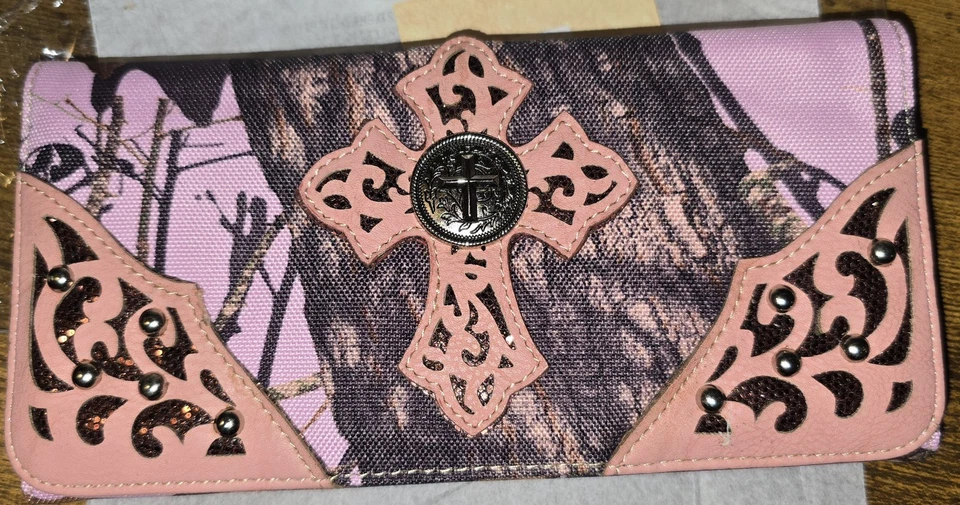 Cartera Western Damas RealTree Rosa Camuflada Cuero Cruz Con Concho Bidold Foto 1 de 4